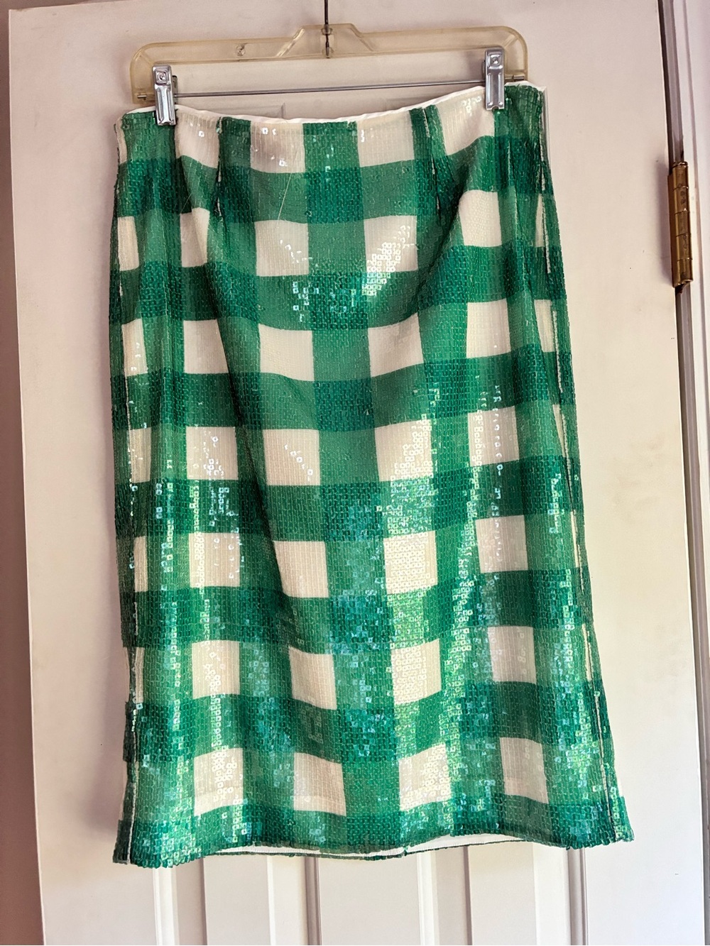 Brooks Brothers Green and White Sequin Check Pencil Skirt